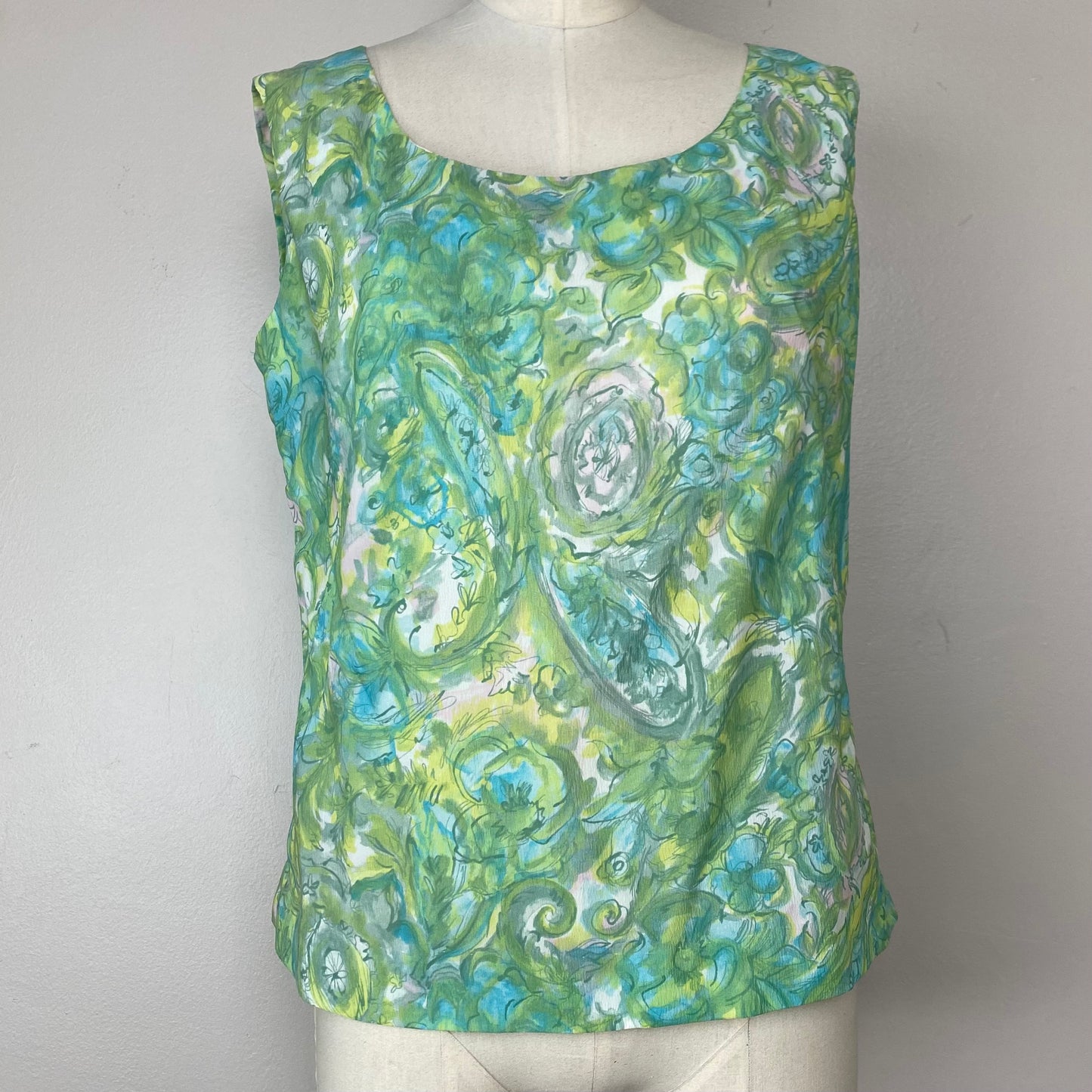 1960s Sleeveless Green Floral Top, Size S/M