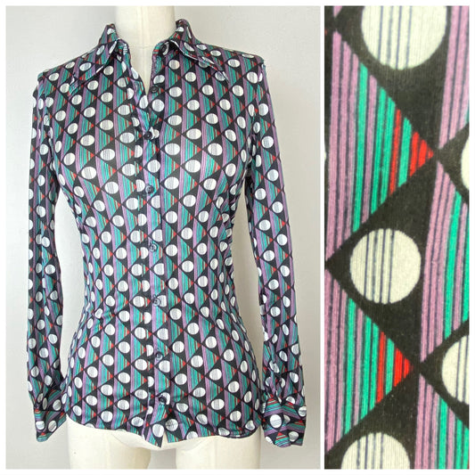 1970s Wayne Rogers Geometric Print Polyester Shirt, Size XS