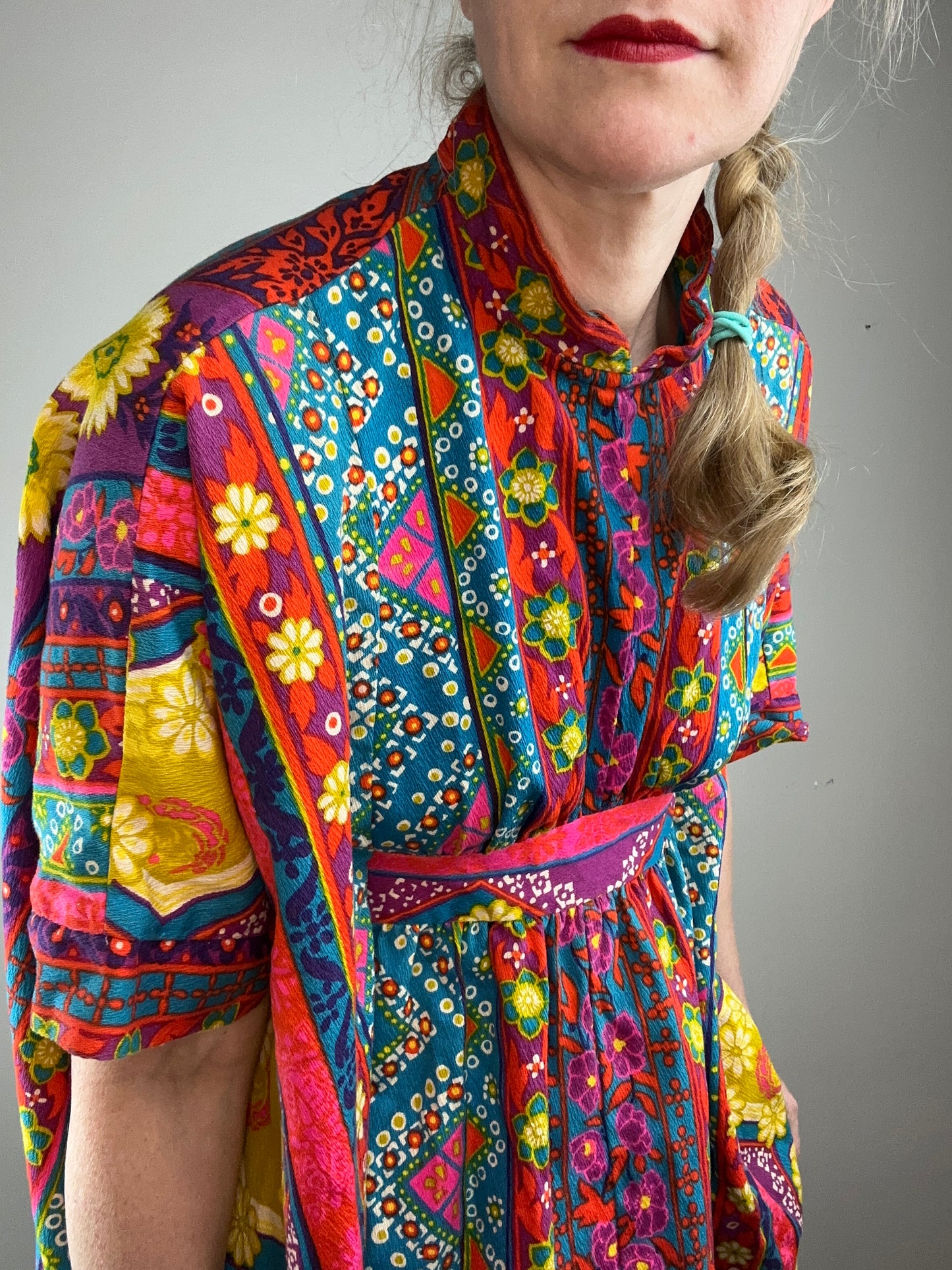 1960s Bright Floral Stripe Barkcloth Kaftan, Open Sizing