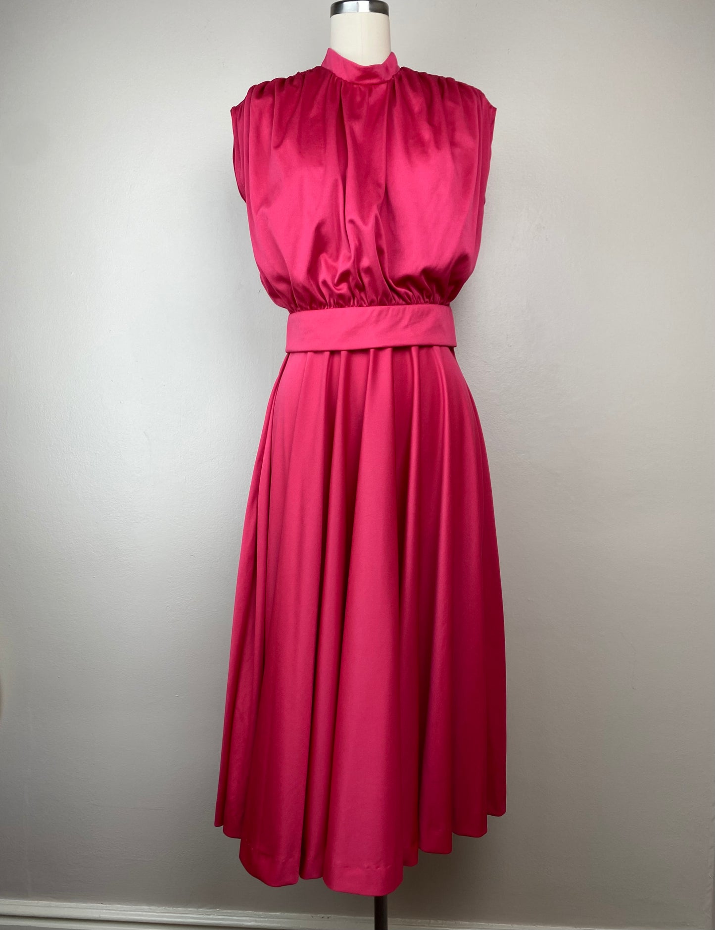 1970s Pink Disco Set, Size XS, Sleeveless Blouse and Midi Length Circle Skirt