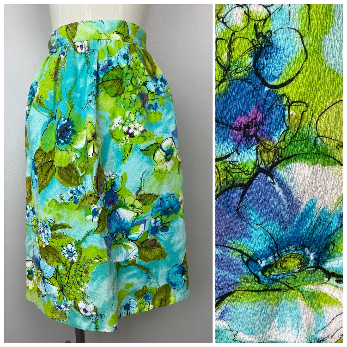 1960s Watercolor Floral Skirt, Size XS