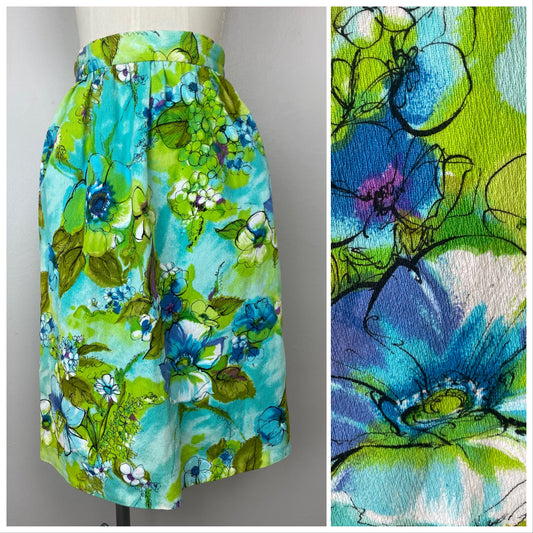 1960s Watercolor Floral Skirt, Size XS