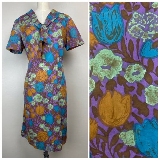 1960s Purple Floral Shift Dress, Size M/L