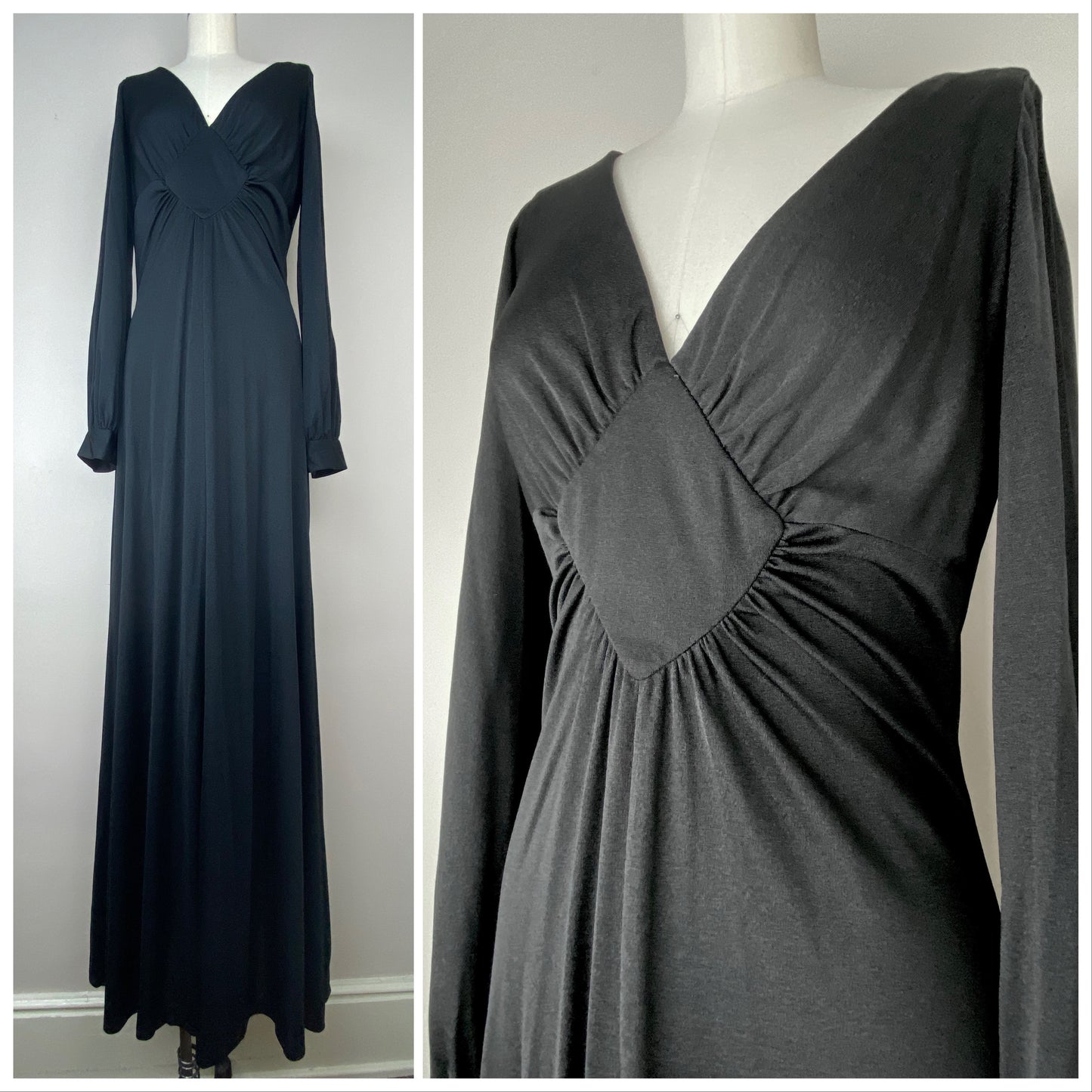 1970s Black Maxi Dress, Sleeve Cut Outs, Shelly’s Tall Girls Shop, Size Medium Tall