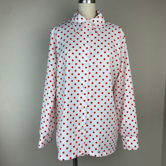 1970s Women's White and Red Polka Dot Blouse, Size Large