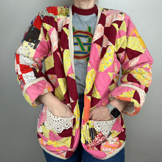 Vintage Patchwork Quilt Coat, Handmade, Size Medium