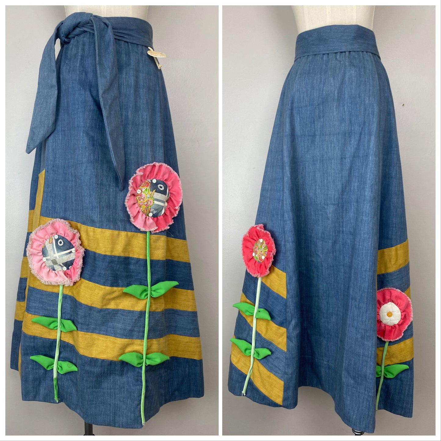 1970s Chessa Davis Denim Maxi Skirt, Size M/L, Floral Appliqué, Peddler’s Cloak, Peasant