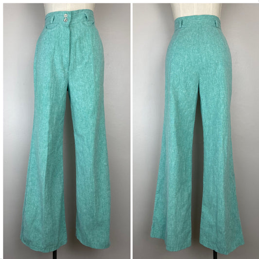 1970s Green Bell Bottom Pants, Size XS/Small, 24.5"x30.5"