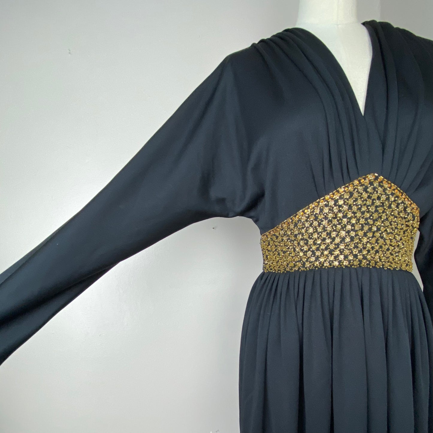 1970s Victor Costa Black Maxi Dress with Gold Beads and Rhinestones, Size XS