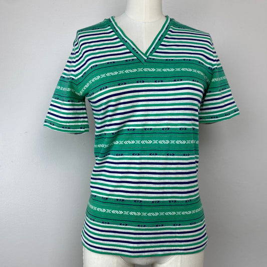 1960s/70s Striped V-Neck T-Shirt, Size Small, Green Navy & White