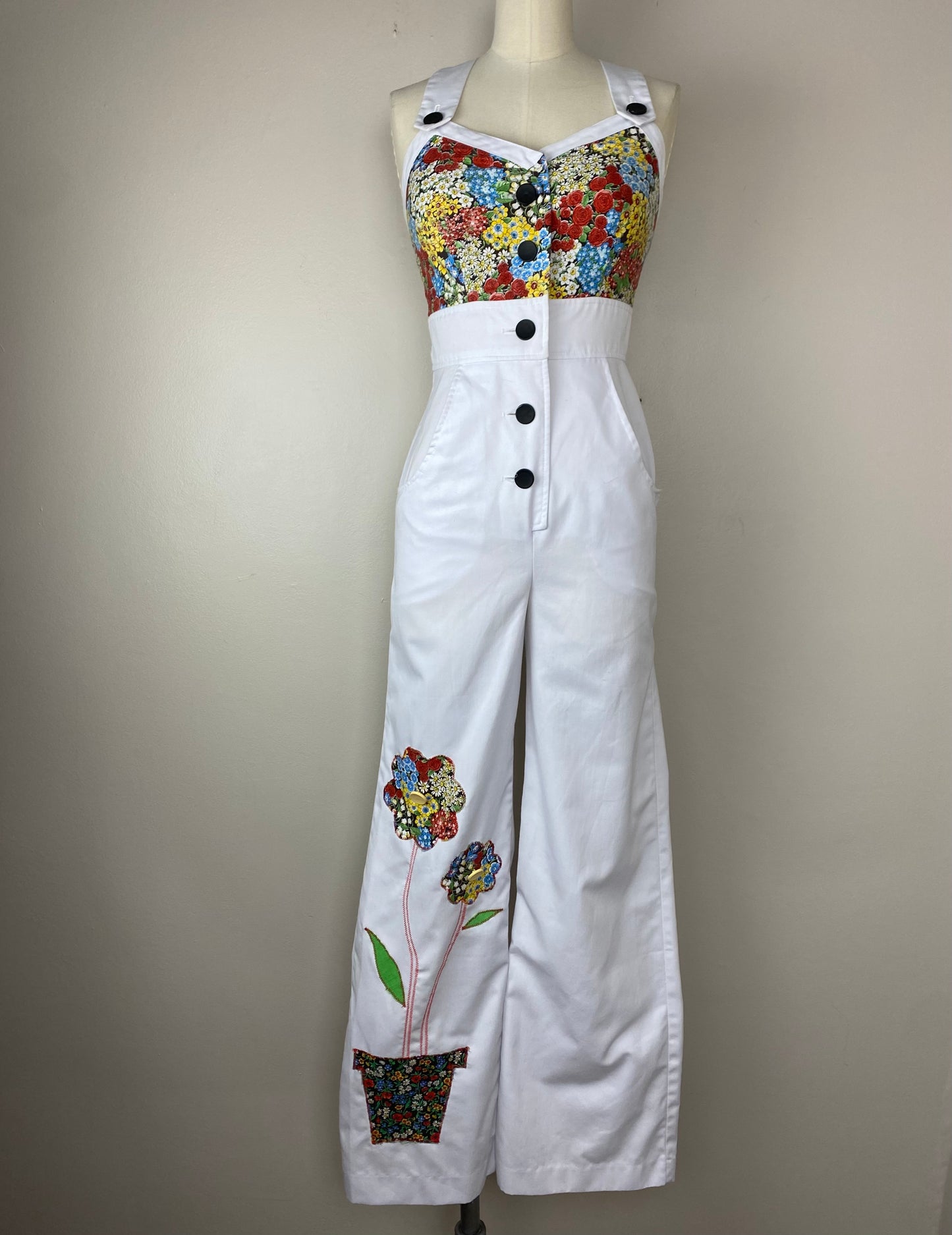 1970s Floral Appliqué Jumpsuit, Vicky Vaughn, Size XS, Flare Leg