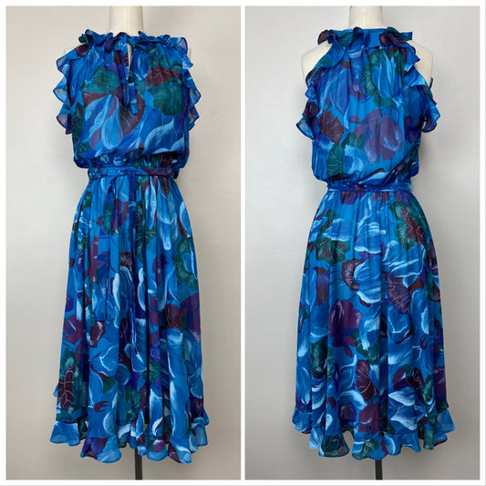 1970s Blue Floral Midi Dress, Wendy One, Size S/M