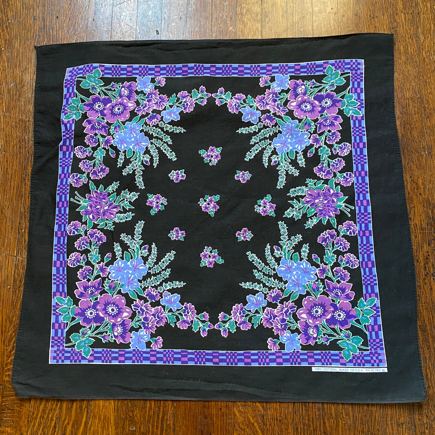 1970s/80s Black and Purple Floral Bandana, RN 14193, 100% Cotton, USA, Selvage Edge