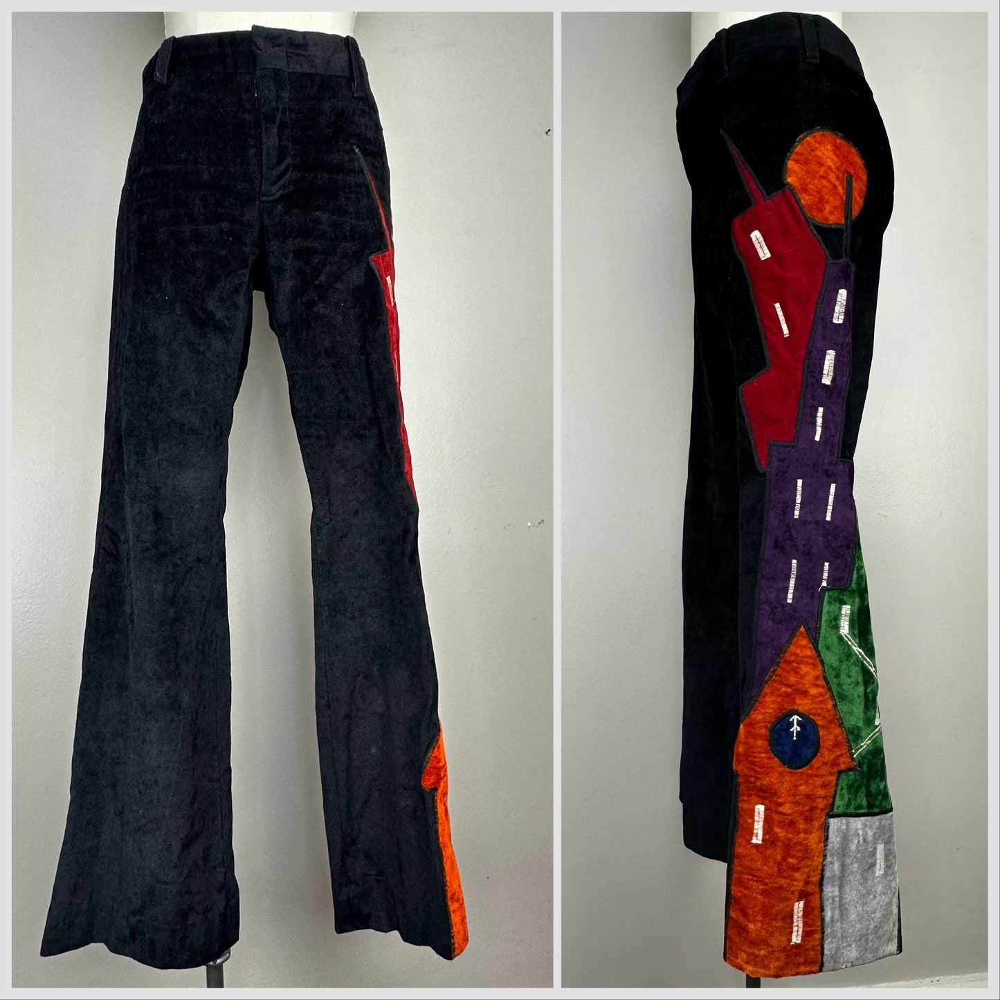 1970s Velvet Pants, 31x32, City Appliqué, Flare Leg, Sniggin Piggin?