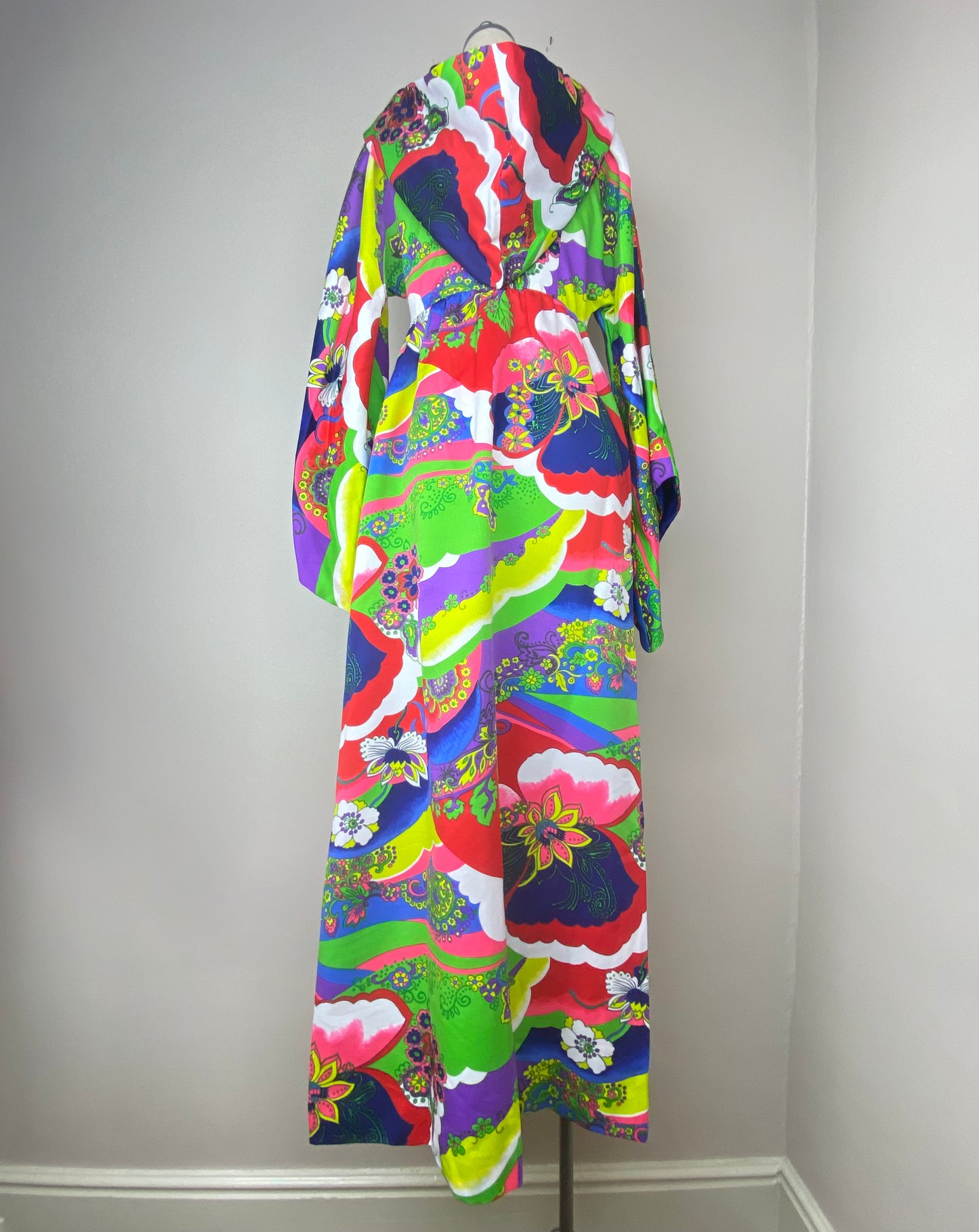 1970s Psychedelic Rainbow Floral Hooded Dress, Concept 70s by Swirl Size S/M, Bell Sleeves