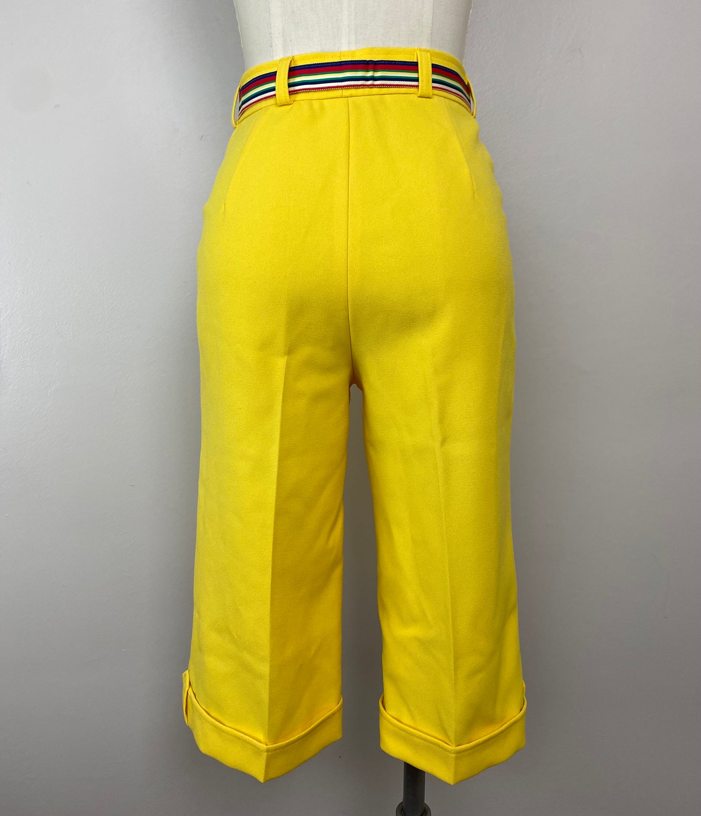 1970s Cropped Yellow Pants, Sears Mates, Size XS, 25.5"x16", plus Striped Ribbon Belt