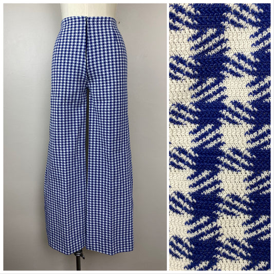 1970s Blue Gingham Bell Bottom Pants, Size XS, Handmade High Waisted Double Knit Flares