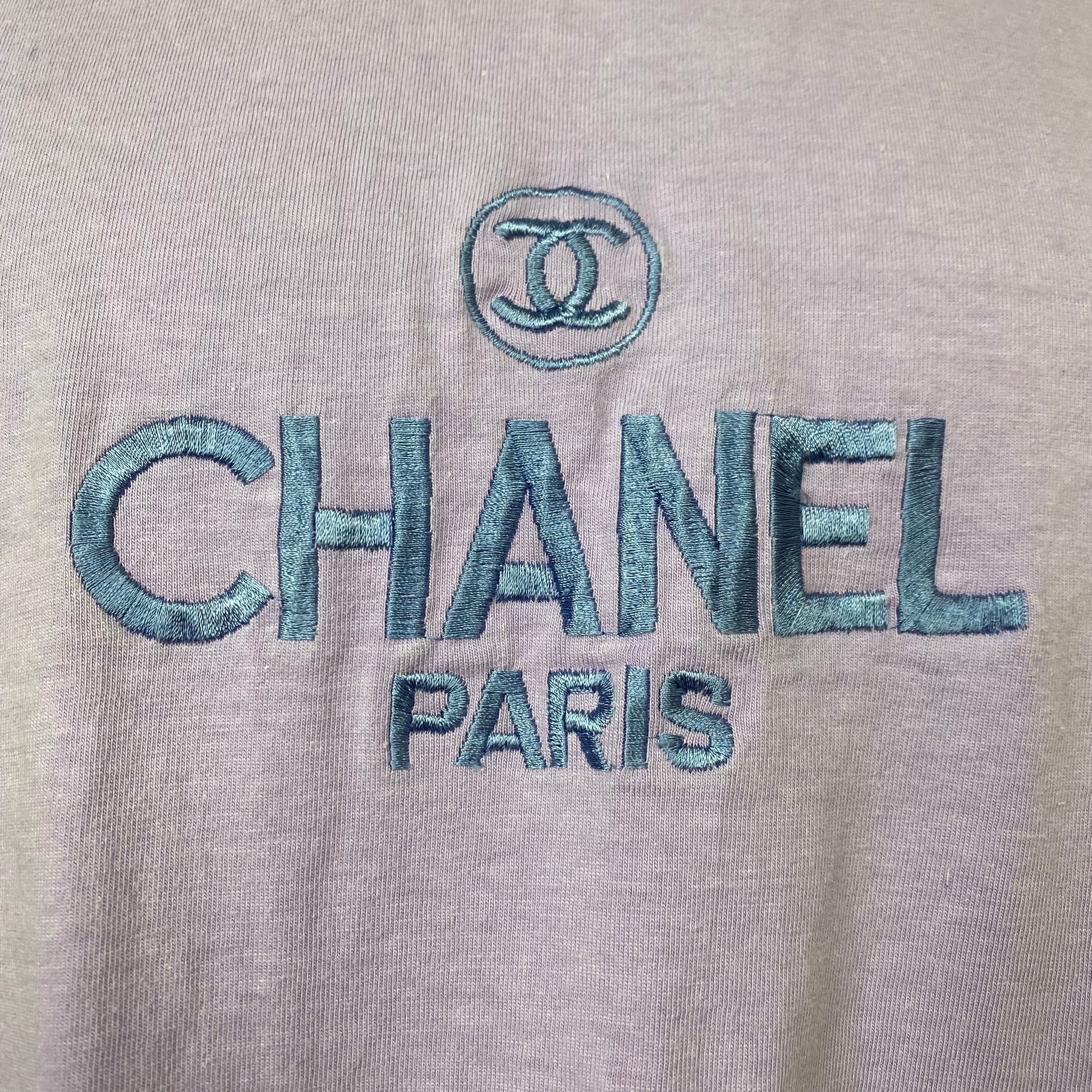 Vintage 1990s purchases Chanel Paris T-Shirt, Size Large, Lavender, Embroidered Logo