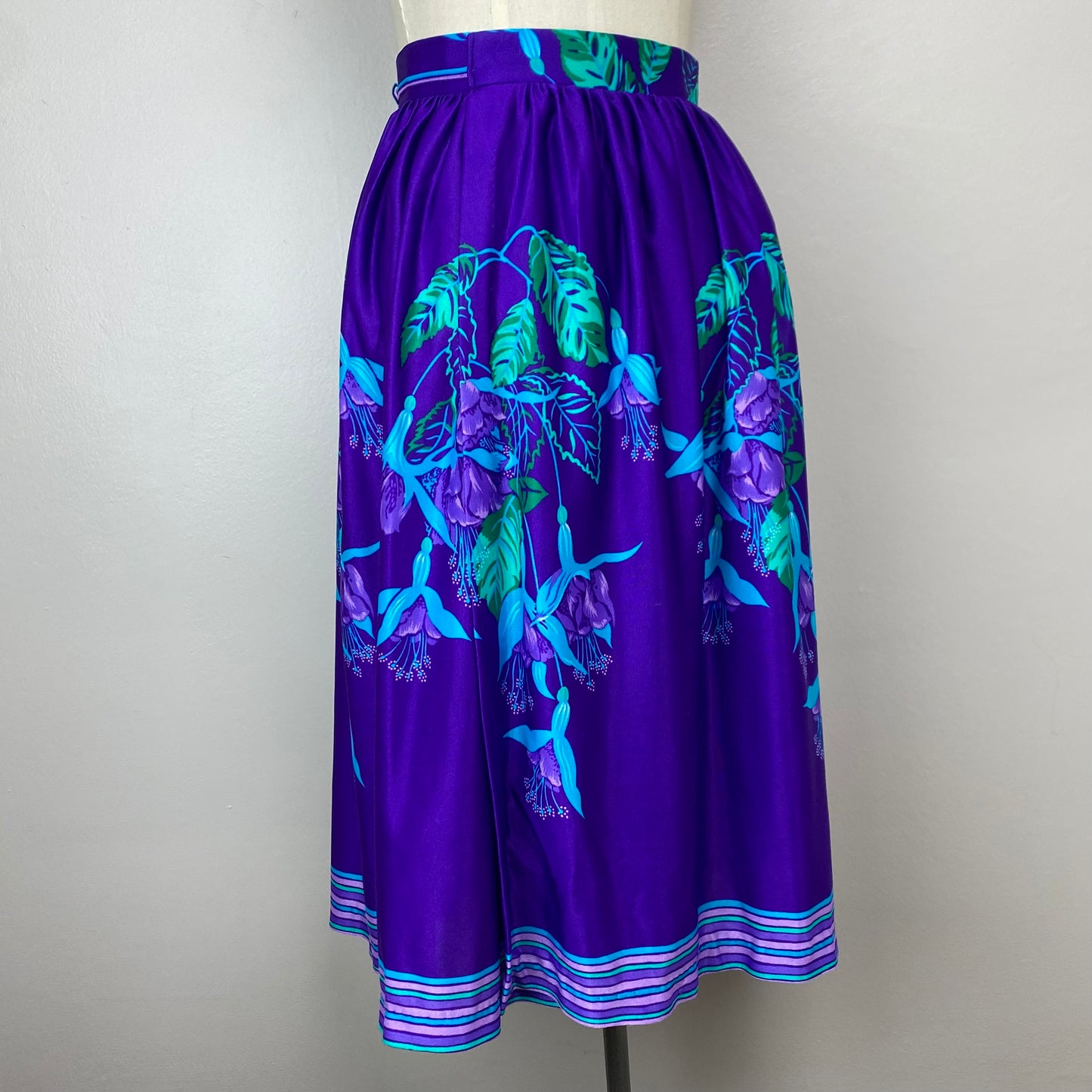 1970s Purple Floral Wrap Midi Skirt, Sirena Size Medium, Swimsuit Cover Up, Border Print