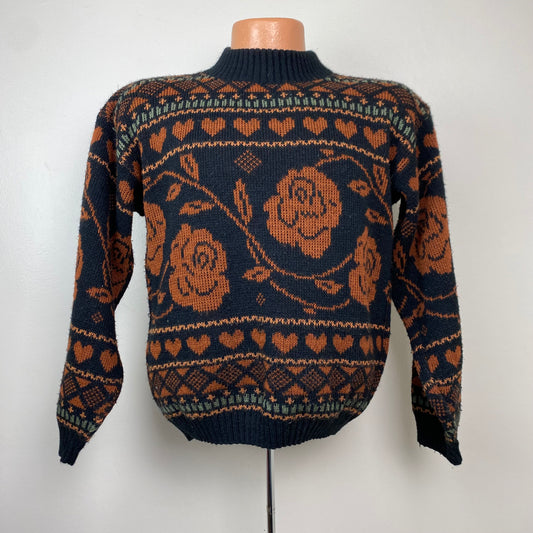1980s Roses and Hearts Sweater, Adele Knitwear, Size Medium
