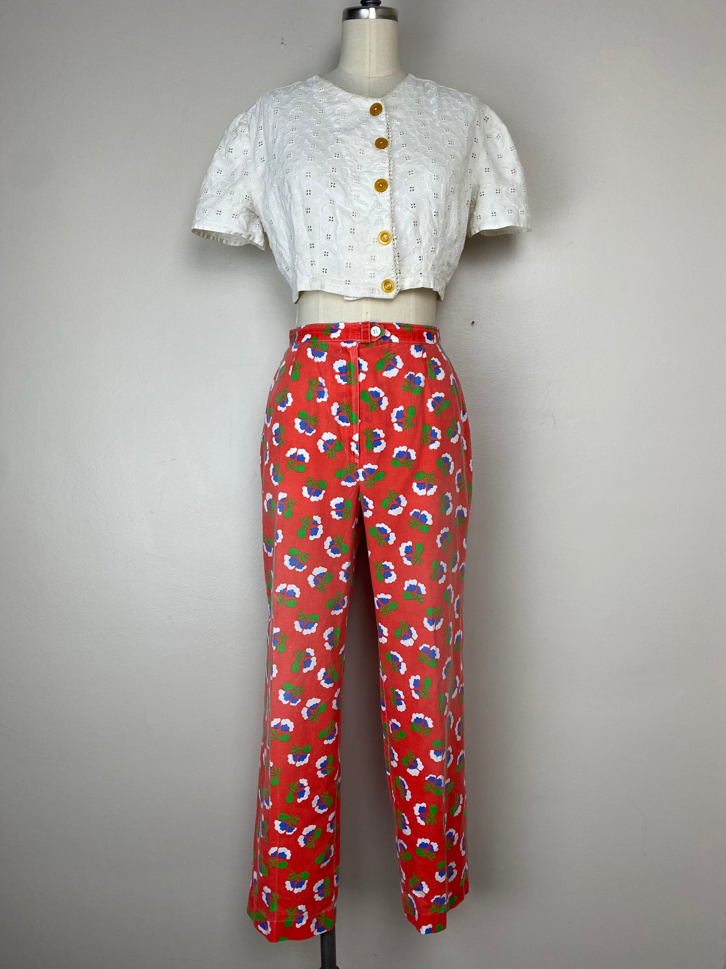 1970s/80s Red Floral Pants, Size Small, 26" Waist, High Rise, Tapered Leg