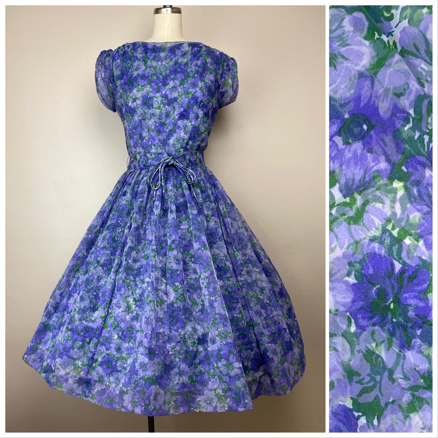 1950s Purple Floral Chiffon Party Dress, Size Medium,