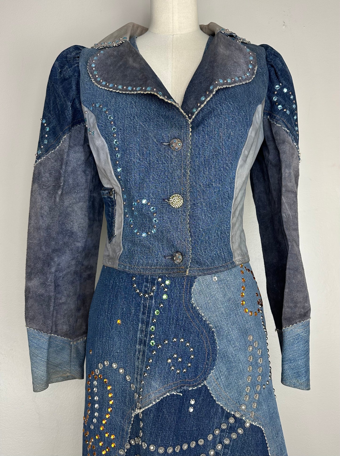 1970s Love Melody Denim and Leather Patchwork Jacket, Size Small