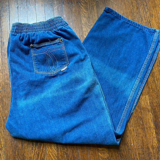 1970s/80s Plus Size Young Stuff Jeans, 37"x28.5", Rainbow Stitch Pockets