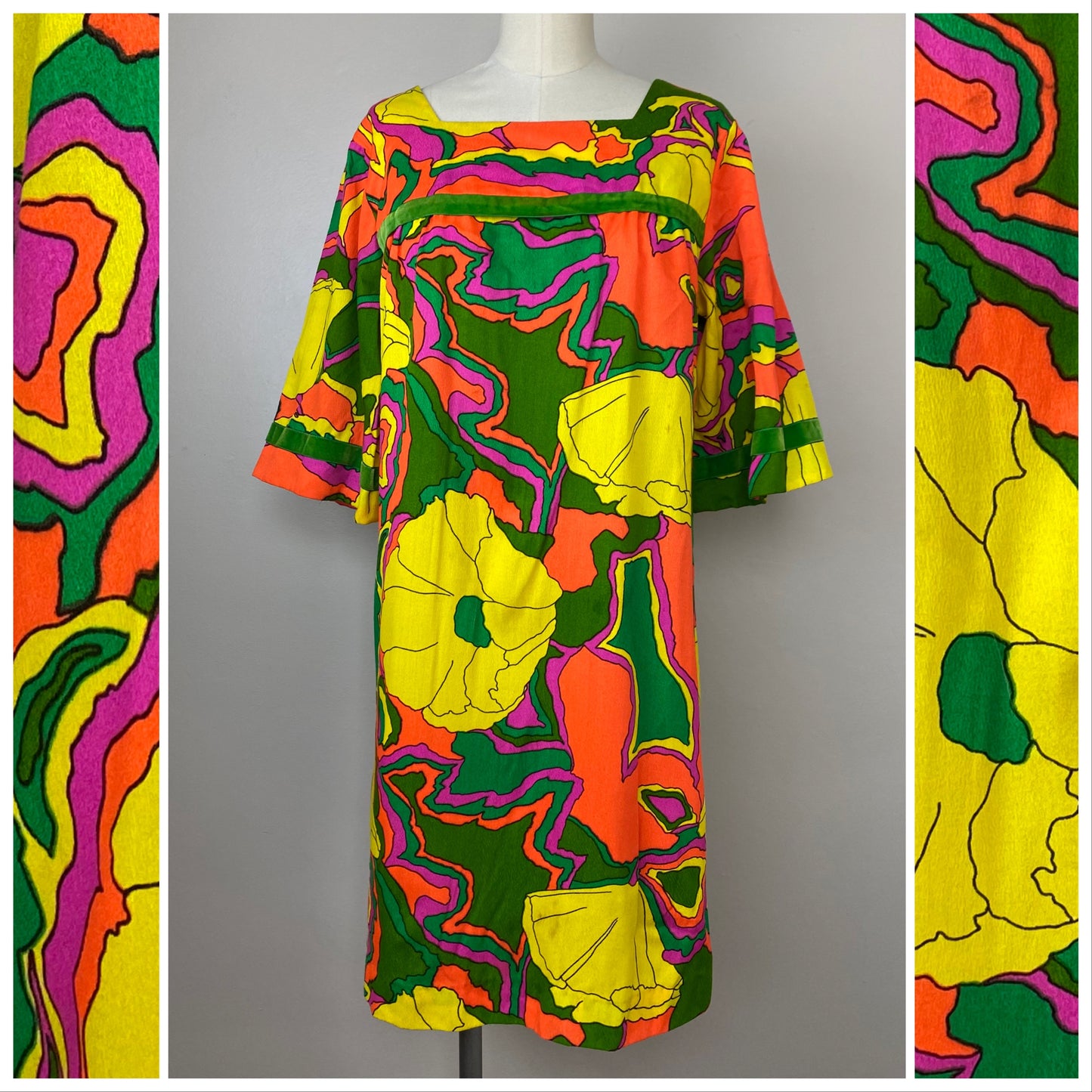 1960s Bright Fluorescent Floral Dress, Evelyn Margolis Hawaii, Size S/M