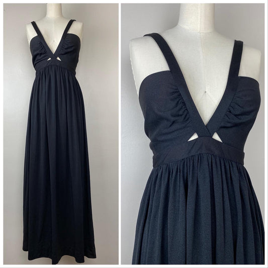 1970s Black Deep V-Neck Maxi Dress, Lynne Greene Size XS