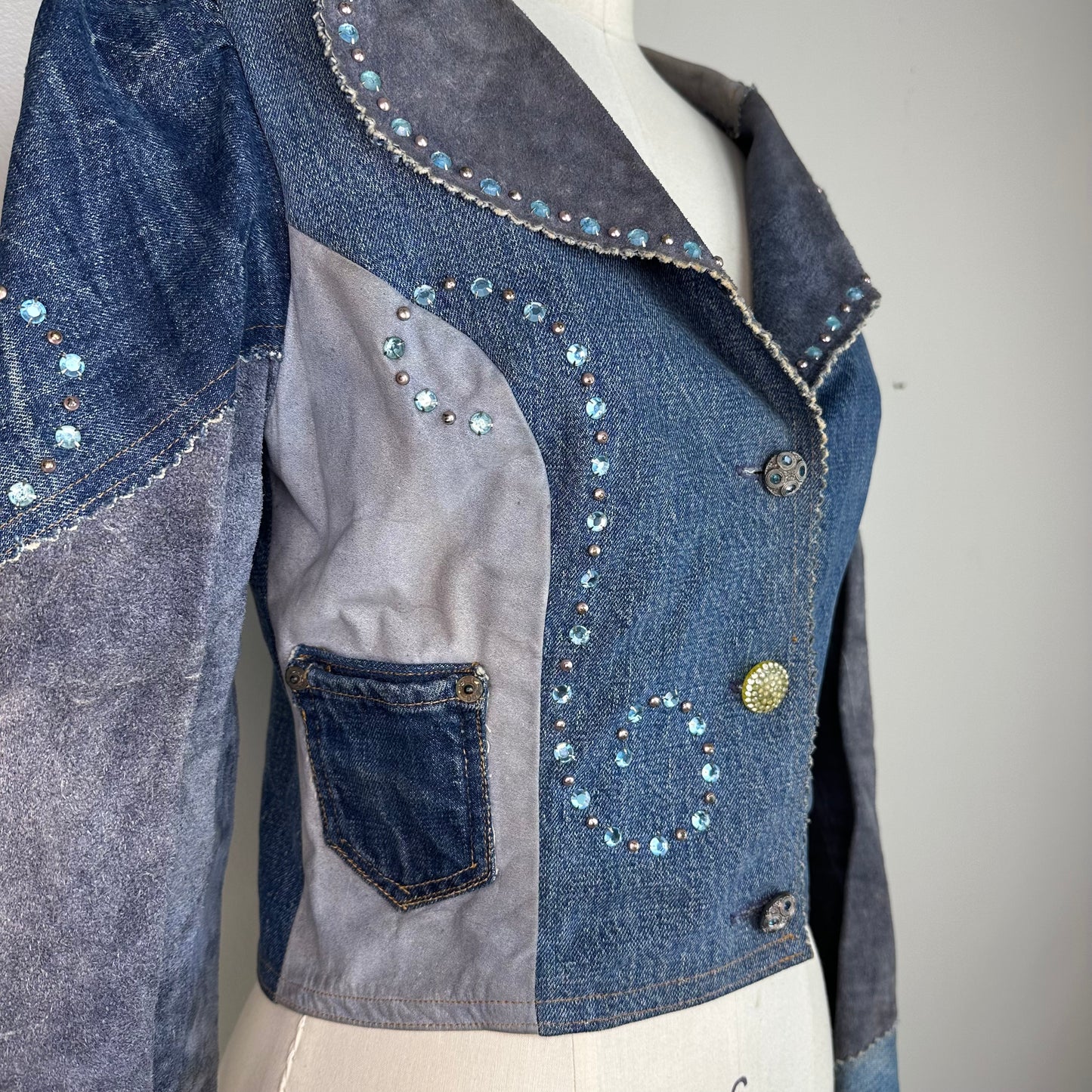 1970s Love Melody Denim and Leather Patchwork Jacket, Size Small