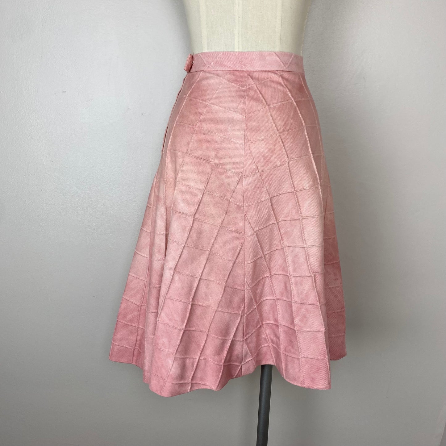 1970s Pink Denim Top and Skirt Set, Size XS/S, Tie Dye, Pin Tuck Grid