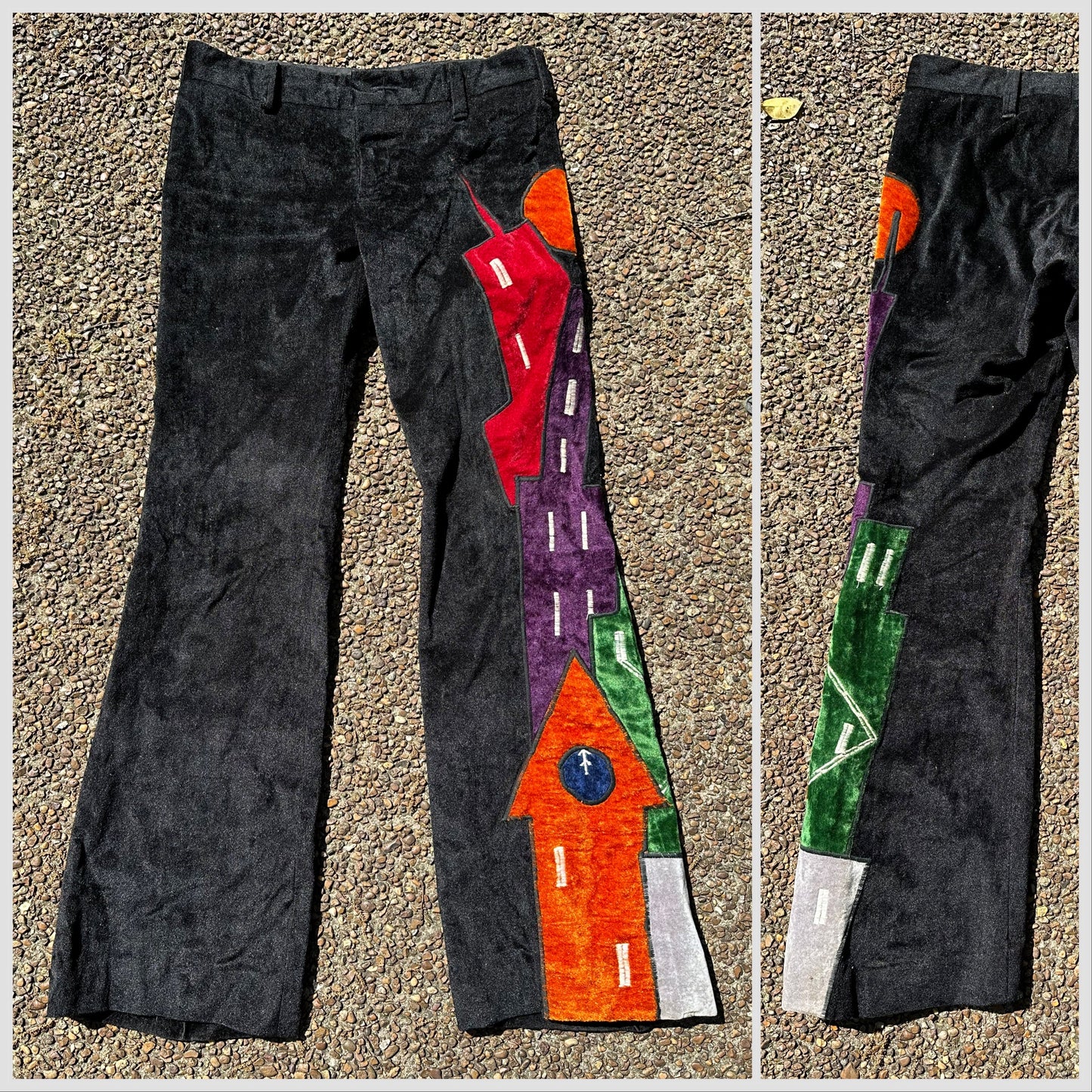 1970s Velvet Pants, 31x32, City Appliqué, Flare Leg, Sniggin Piggin?