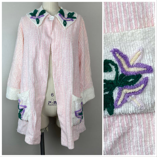 Vintage Pink Chenille Beach Jacket, Size S/M, Bed Jacket, Chenille Robe
