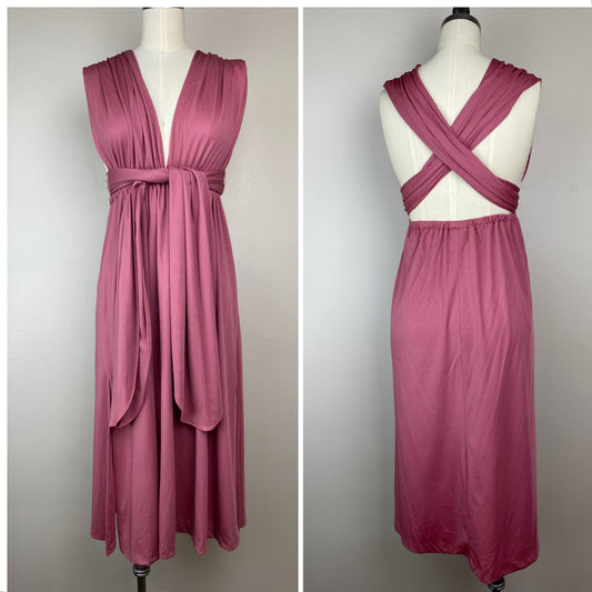 1970s Versatile Disco Midi Dress, Funky Size Small, Dusty Rose Nylon