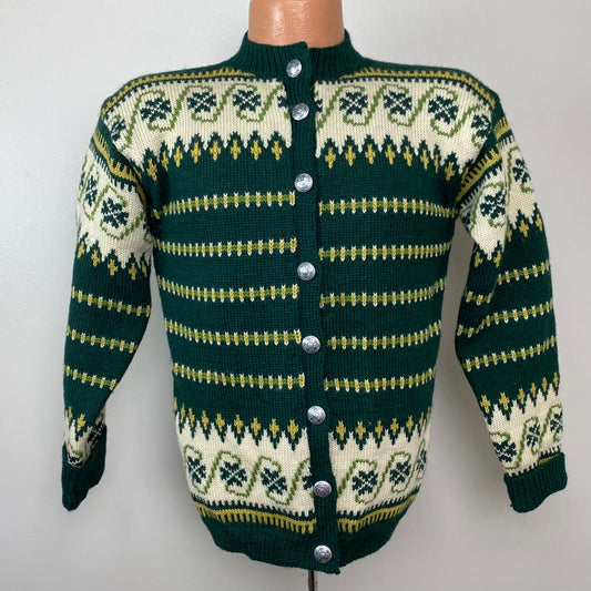 Mid Century Hand Knit Vintage Four Leaf Clover Cardigan Sweater, Size S/M, Pewter Buttons, Nordic?