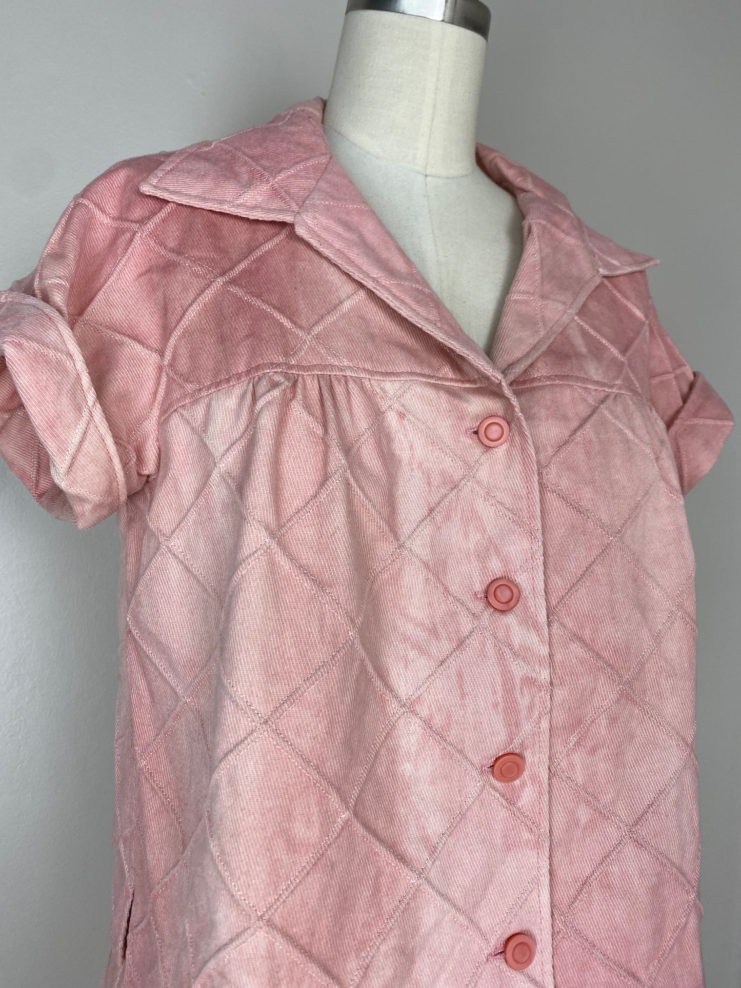 1970s Pink Denim Top and Skirt Set, Size XS/S, Tie Dye, Pin Tuck Grid