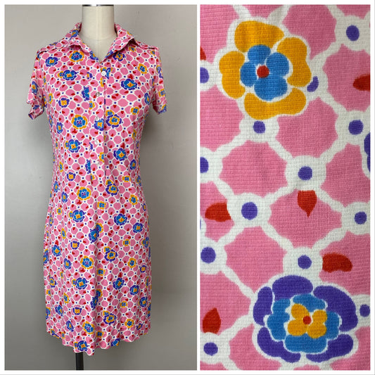 1970s Pink Floral Shirt Dress, Size Small, Crazy Horse