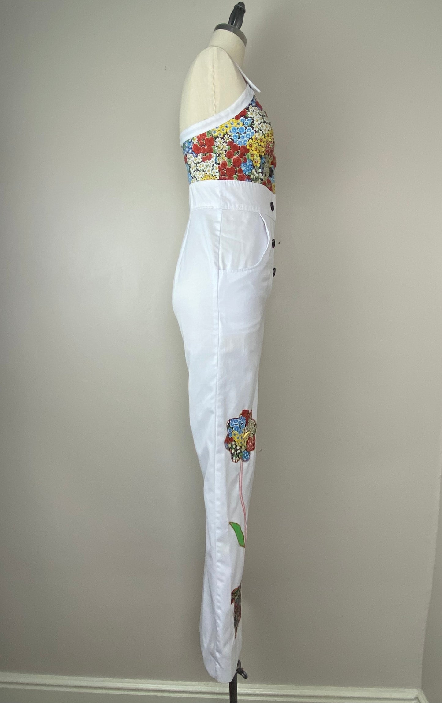 1970s Floral Appliqué Jumpsuit, Vicky Vaughn, Size XS, Flare Leg