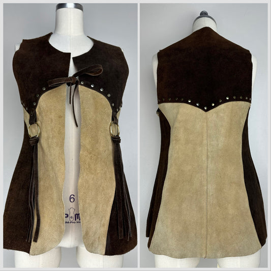 1960s/70s Leather Vest, Size Small, Colorblock, Patchwork, Fringe Tassels