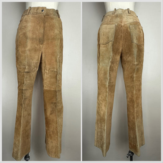 1970s Brown Suede Leather Pants, 28x27.5, Distressed, Flare Leg