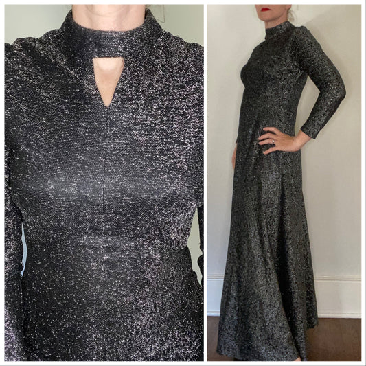 1960s Black and Silver Maxi Dress, Size Medium, Lurex Sparkle, Long Sleeves
