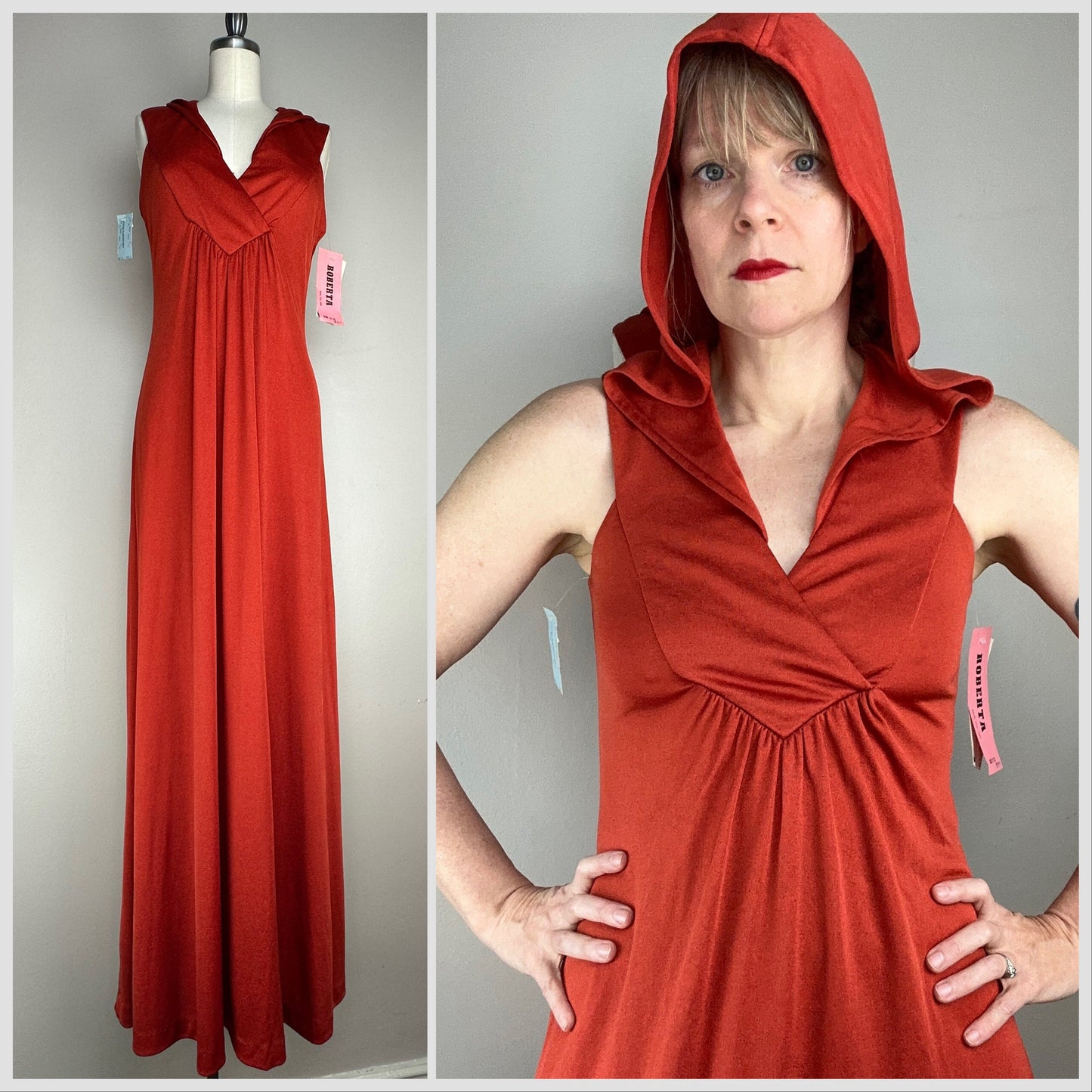 1970s Rust Hooded Maxi Dress, Size XS/S