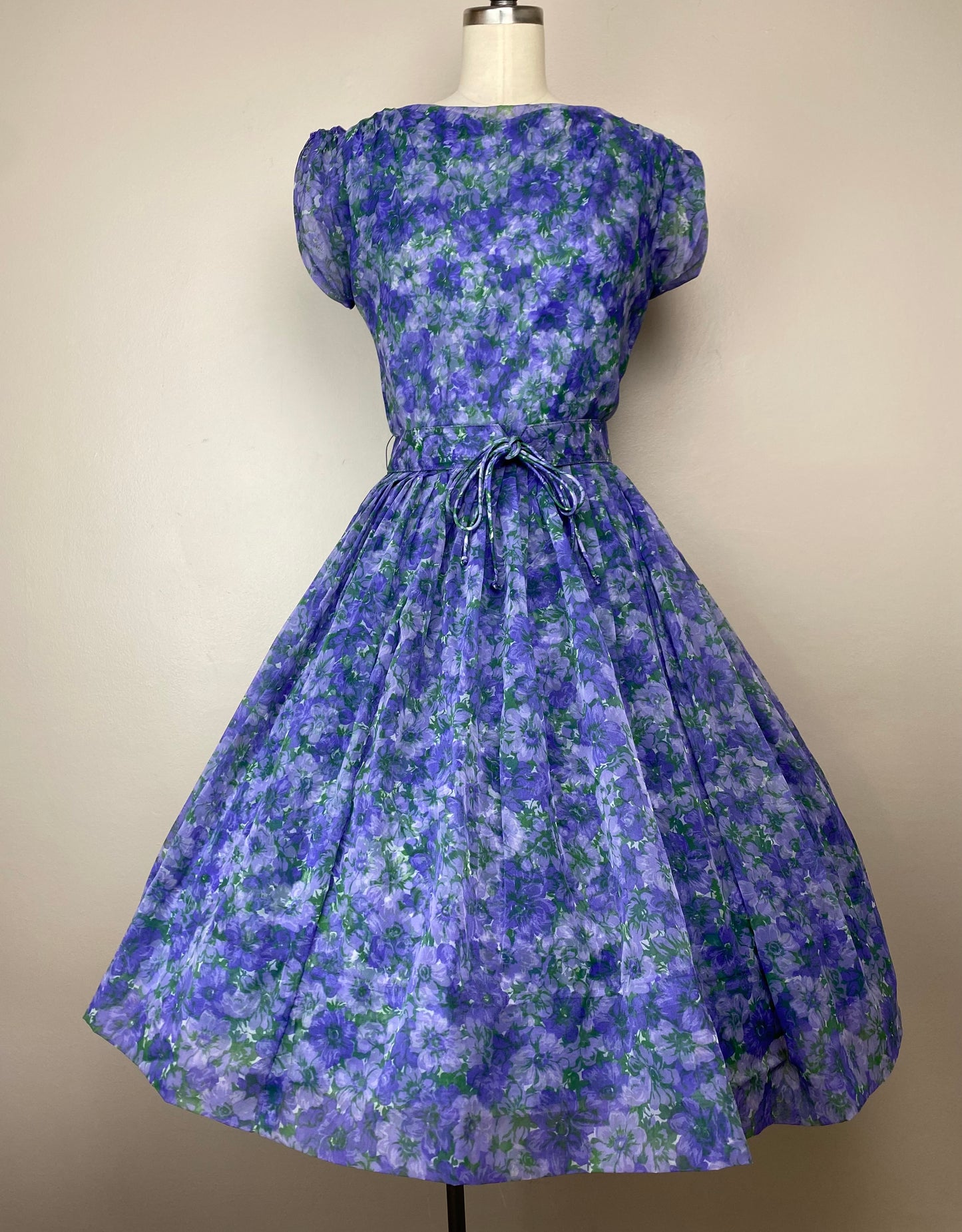 1950s Purple Floral Chiffon Party Dress, Size Medium,