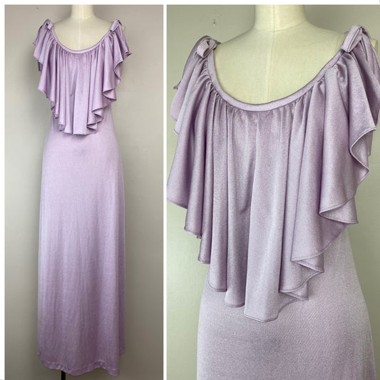 1970s Lavender Maxi Dress, Size XS/S, Ruffles