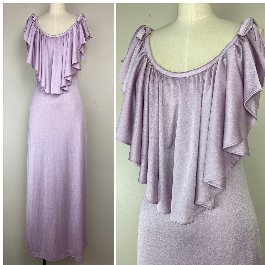 1970s Lavender Maxi Dress, Size XS/S, Ruffles – Proveaux Vintage