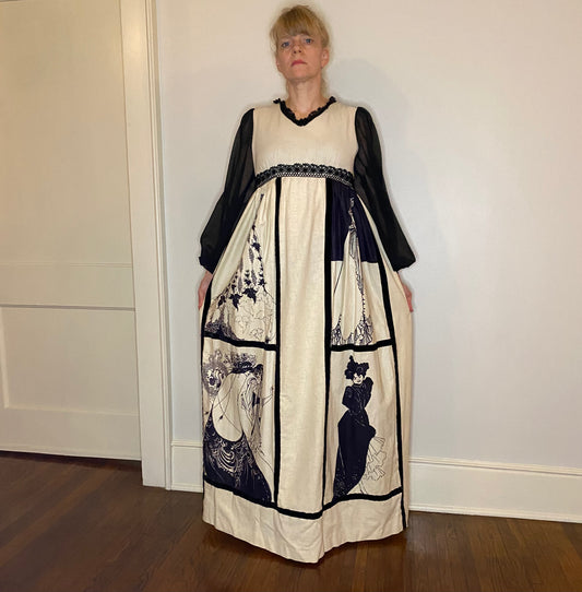 1960s/70s Aubrey Beardsley Maxi Dress, Shelly's Tall Girl, Size M/L Tall