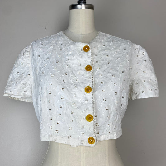 1950s White Eyelet Cropped Blouse, Size Small, Homemade