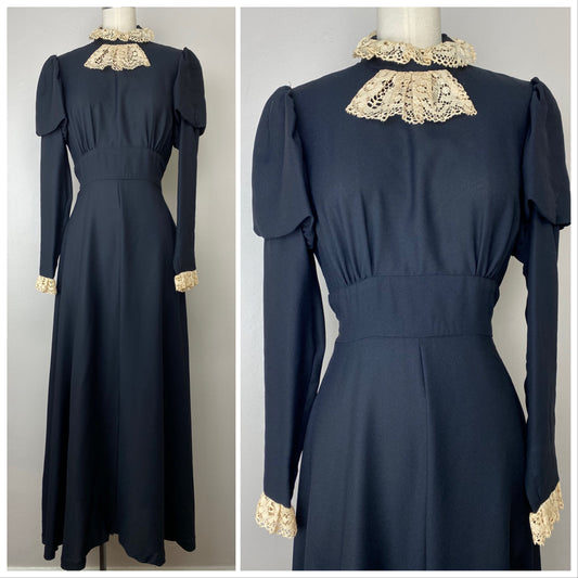 1970s Victorian Inspired Maxi Dress, Size Small, Prairie Goth, High Neck, Juliette Sleeves