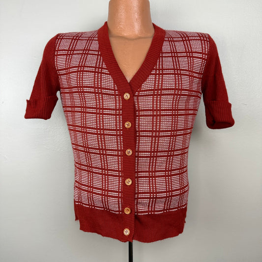 1970s Rust Plaid Short Sleeve Cardigan Sweater, Size Small